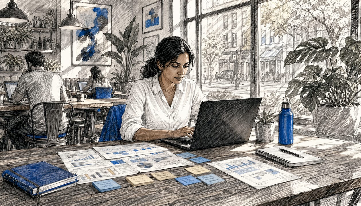 SEO analyst working on laptop with reports in coworking space