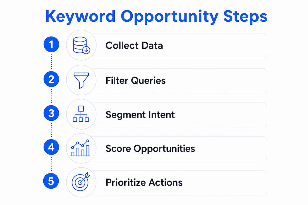 Infographic showing steps of keyword opportunity reporting process