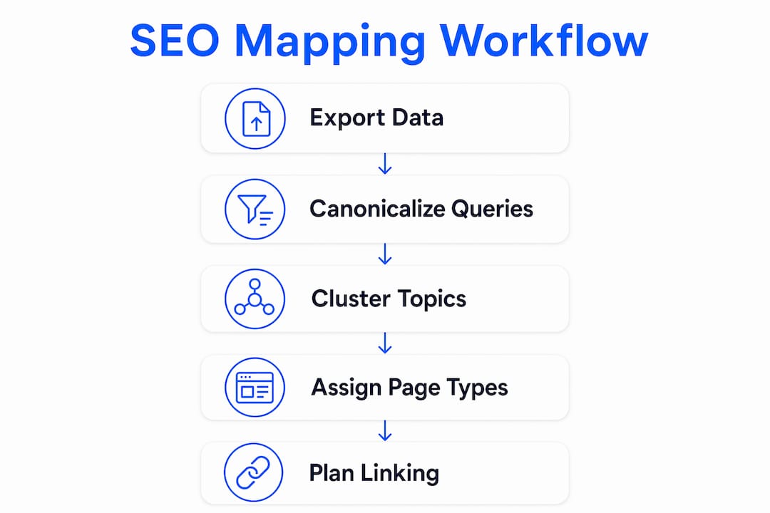 Infographic showing SEO mapping workflow steps