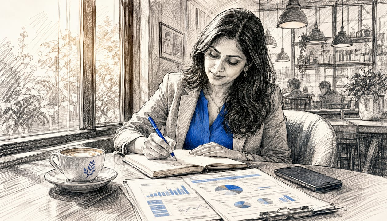 Marketing analyst reviewing reports at desk