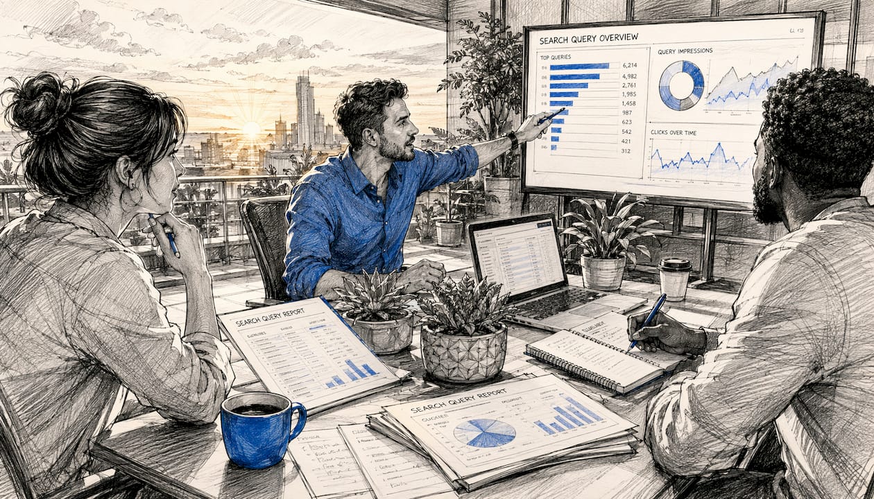 Team analyzing search data in meeting room