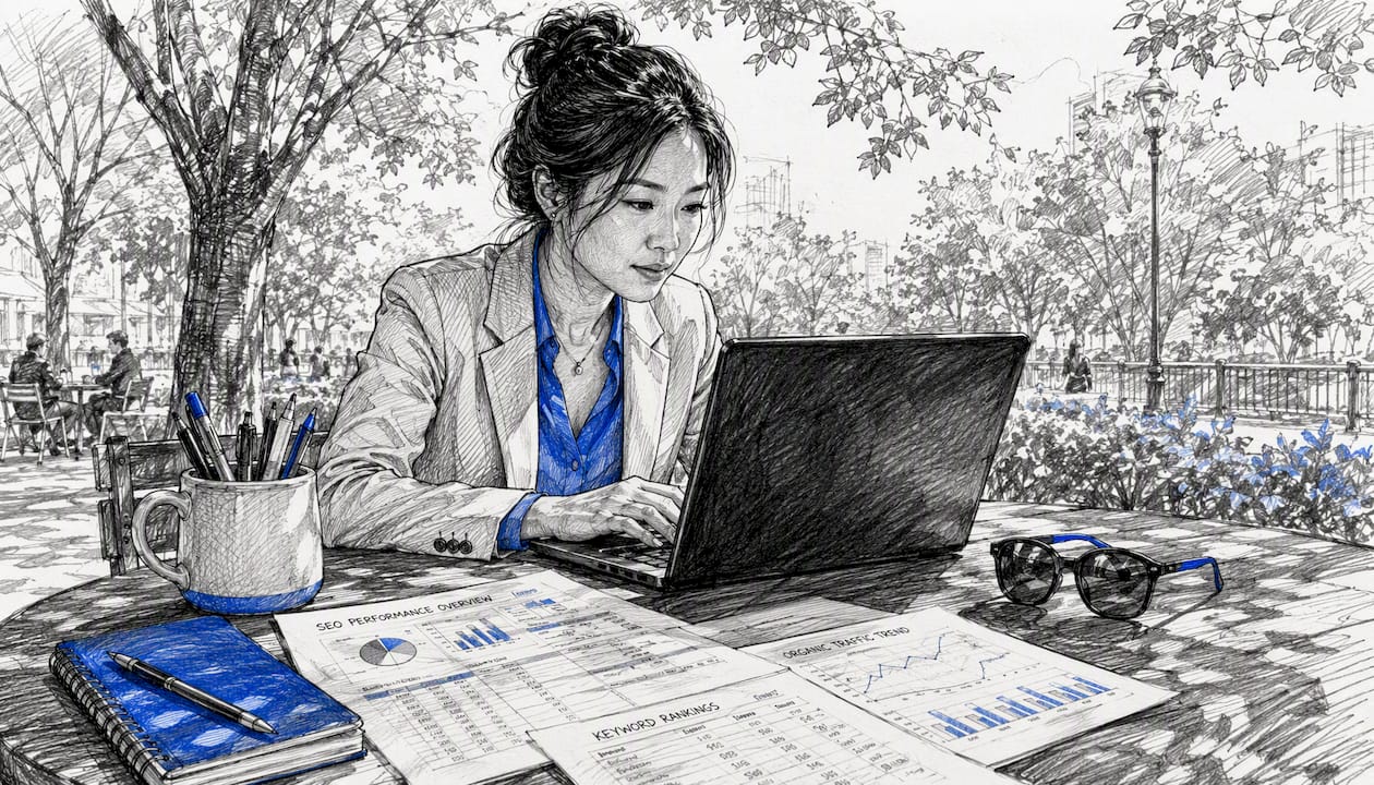 SEO analyst reviewing consolidated reports at desk