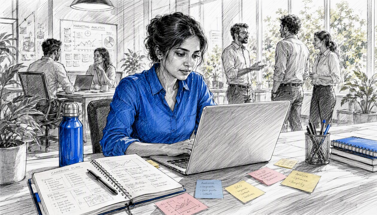 Marketing analyst working on reports at desk in office natural light