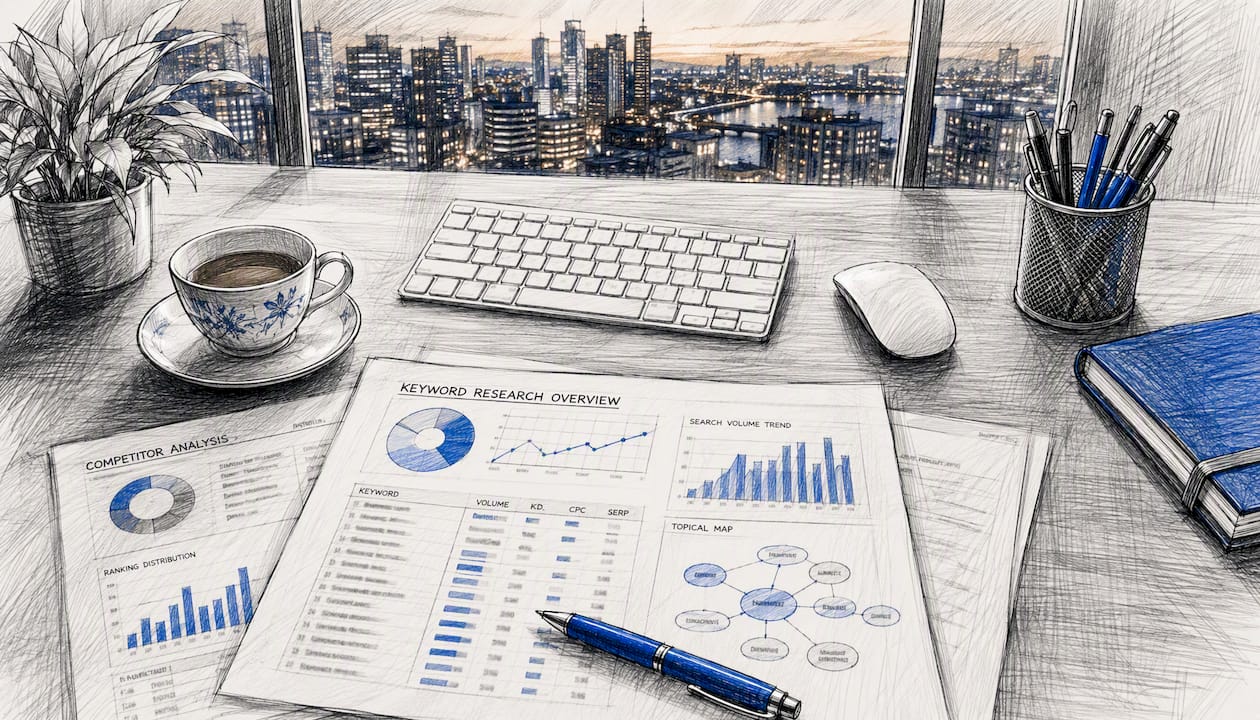Workspace with SEO charts and tools