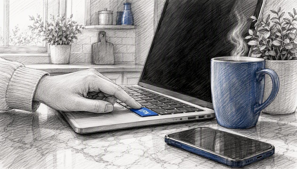 Hand activating VPN on laptop keyboard