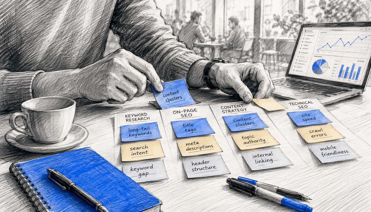 Hands organizing index cards representing SEO data analysis
