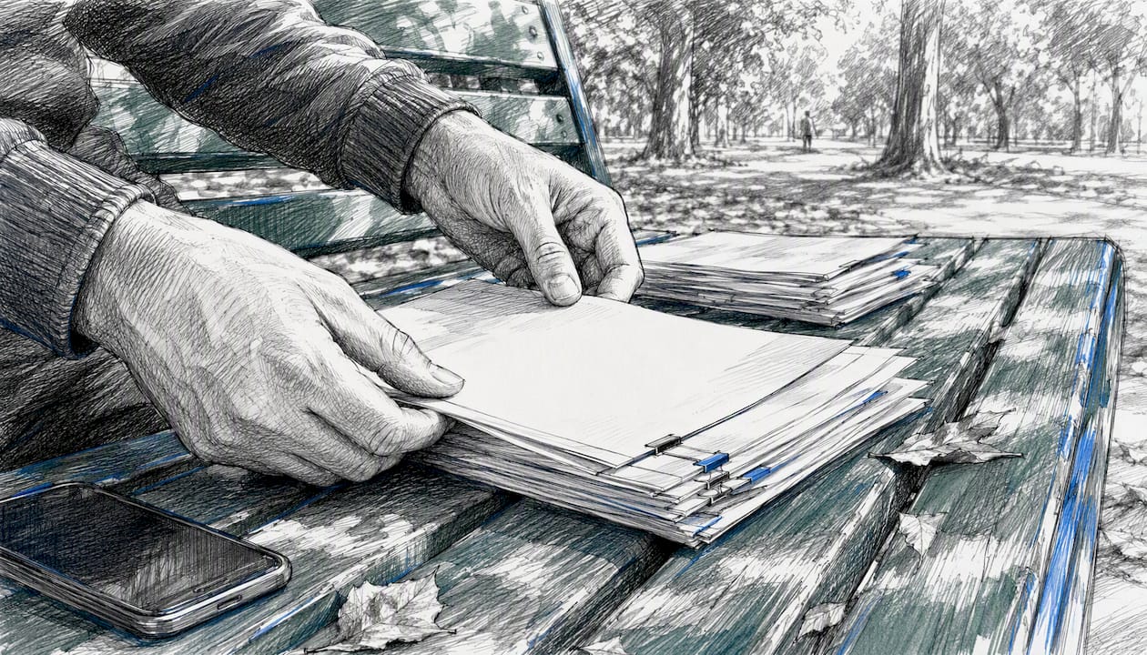 Hands organizing sheets for data audit outdoors