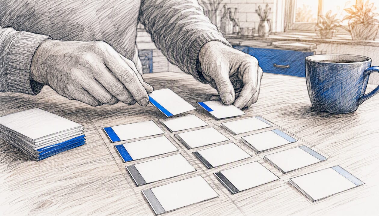 Hands organizing priority cards for SEO content refresh