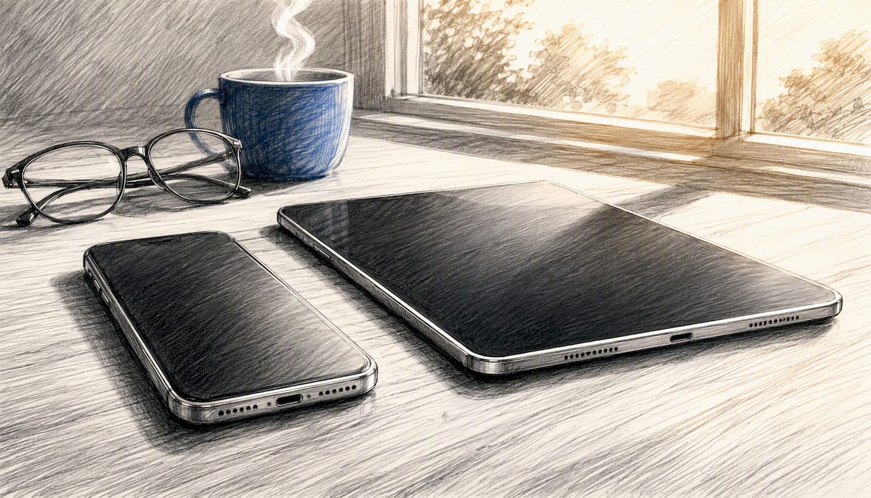 Mobile and tablet devices on desk side by side