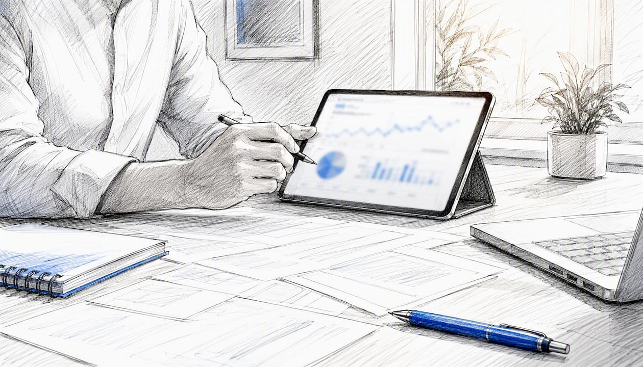 Hands holding stylus near laptop and notebook on workspace