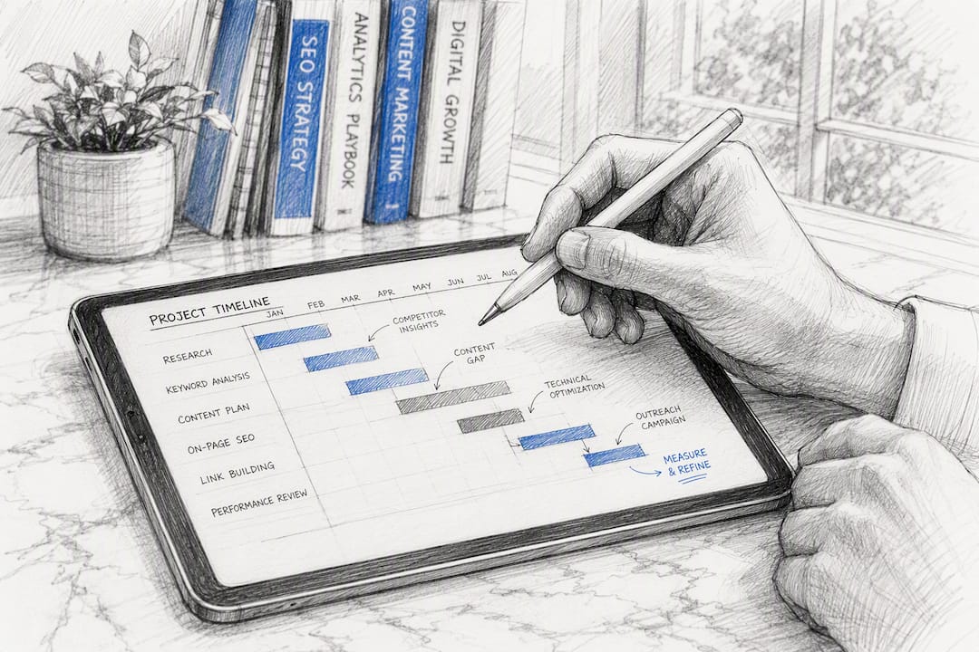 Hands annotating digital timeline on tablet