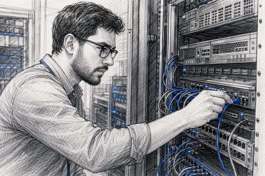 Technician connecting network cable in data center