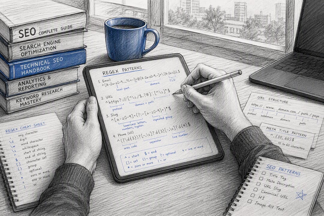 Hands writing regex patterns on tablet in workspace