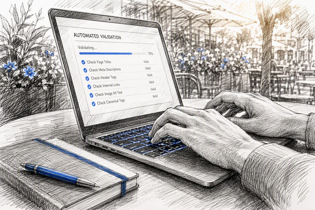 Hands working early data validation on laptop