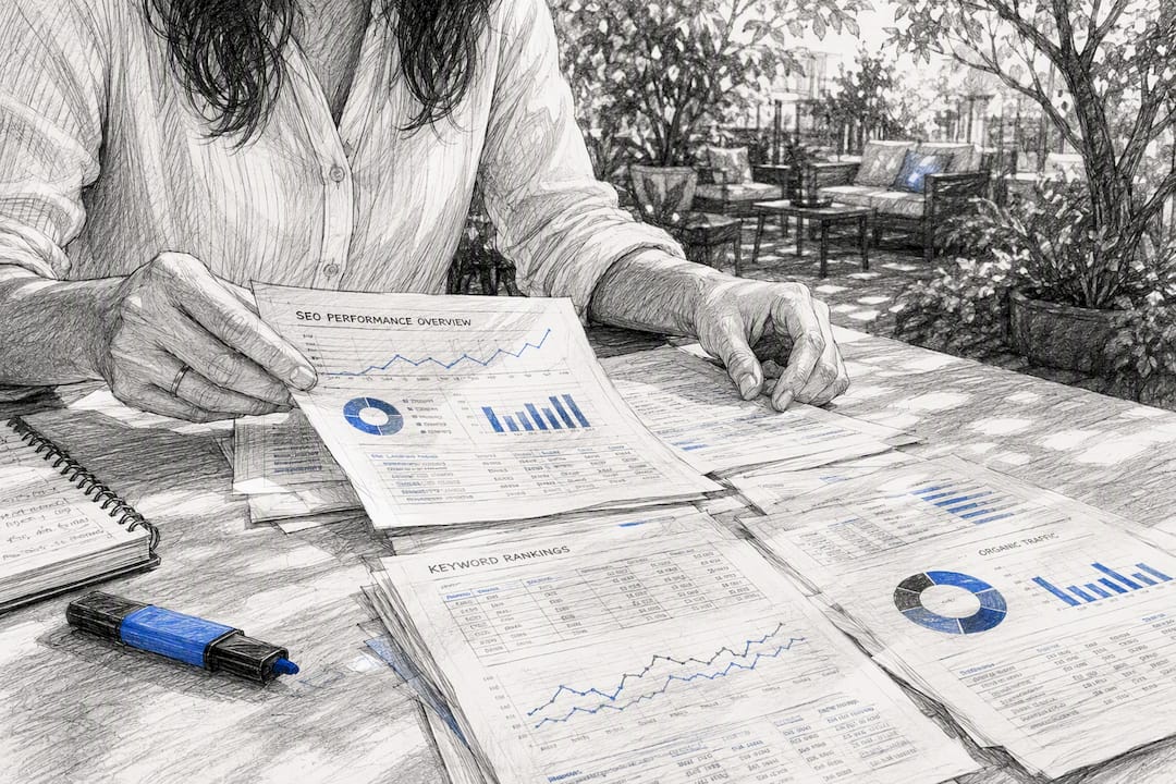Hands organizing SEO data cards on desk