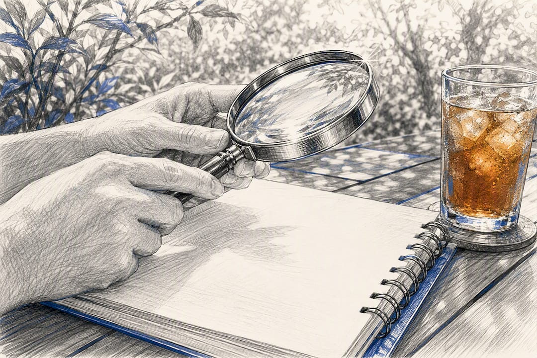 Hands examining with magnifying glass over table