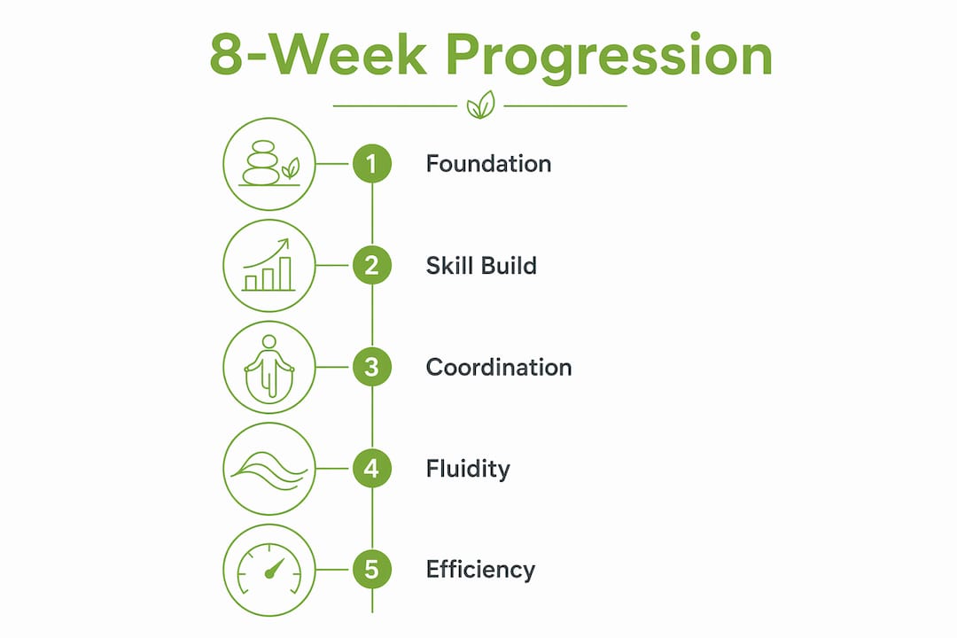 Infographic showing 8-week rope flow training progression steps