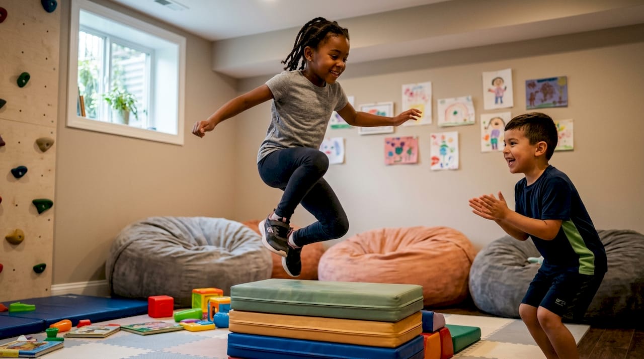 Kids playing fitness game indoors