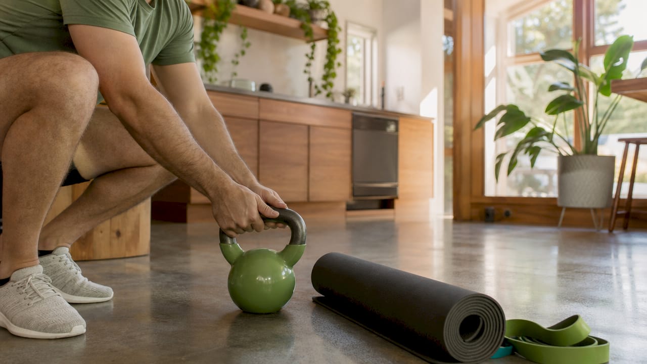 Hands adjusting kettlebell in small home gym