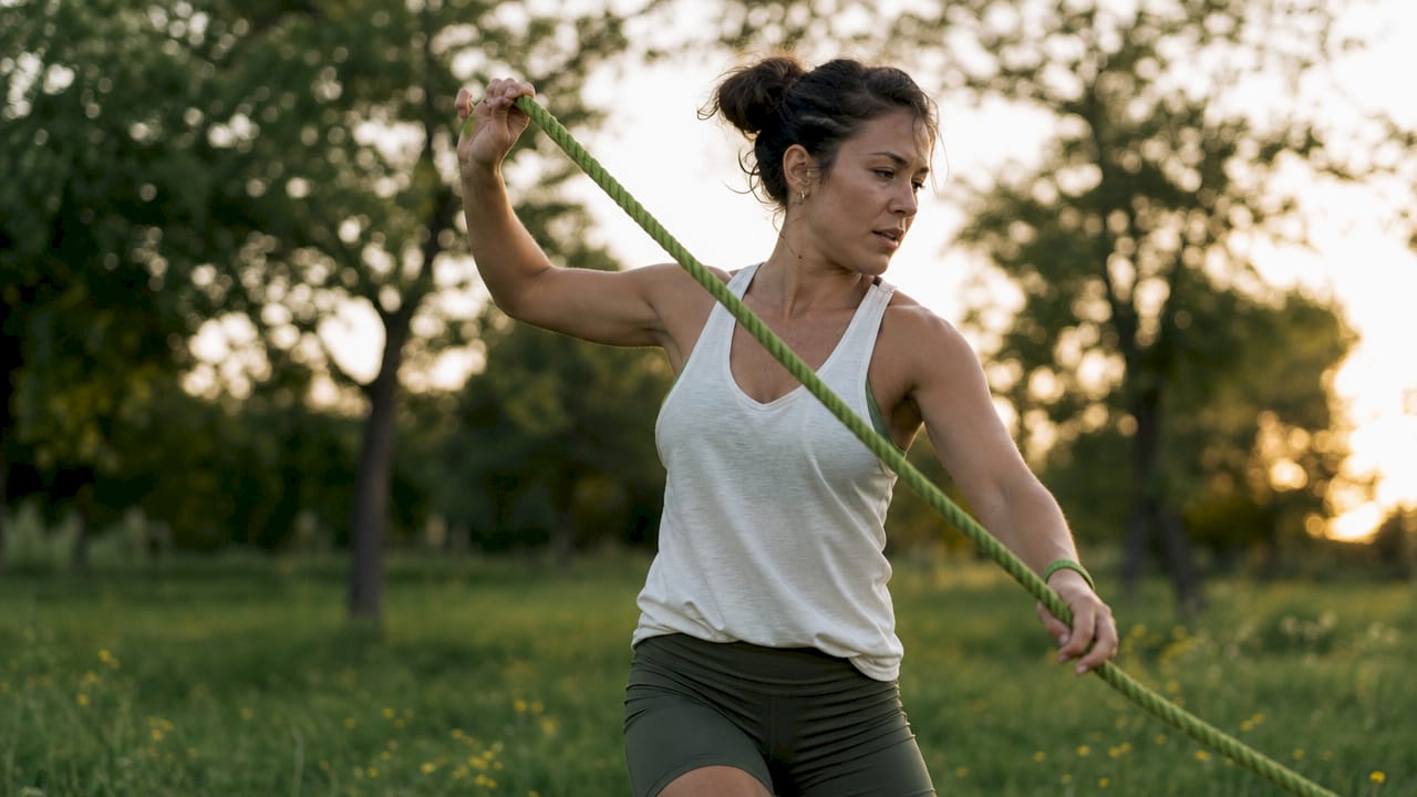 Side profile of woman improving shoulder spine mobility