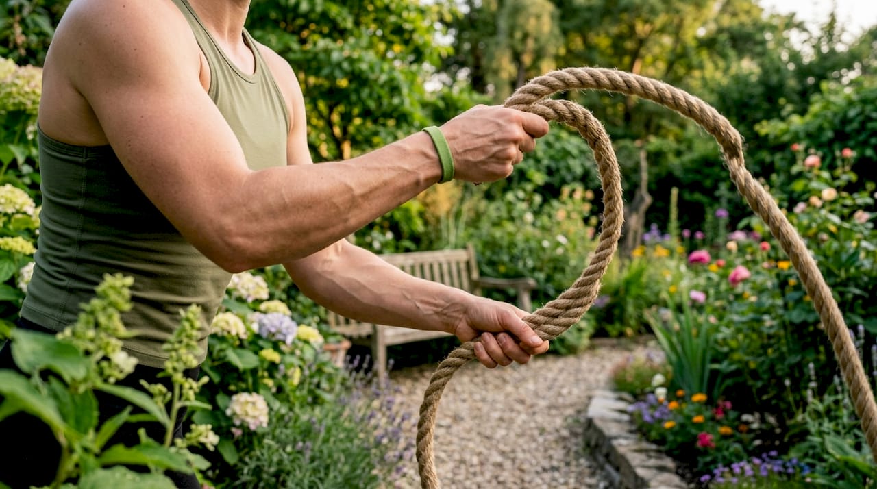 Close-up of athlete's forearms swinging battle rope