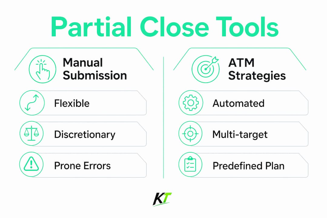Infographic comparing NinjaTrader partial close tools