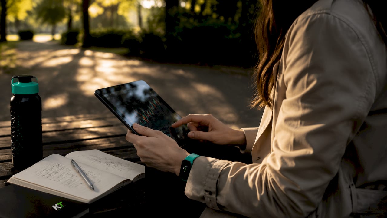 Hands using tablet trading app outdoors café