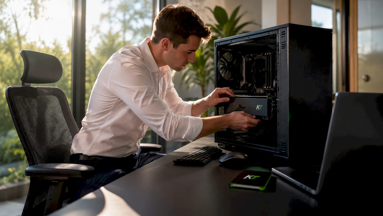 Hands installing FPGA card in trading desk computer