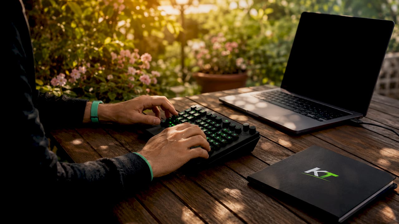 Close-up of hands using mechanical trading keypad