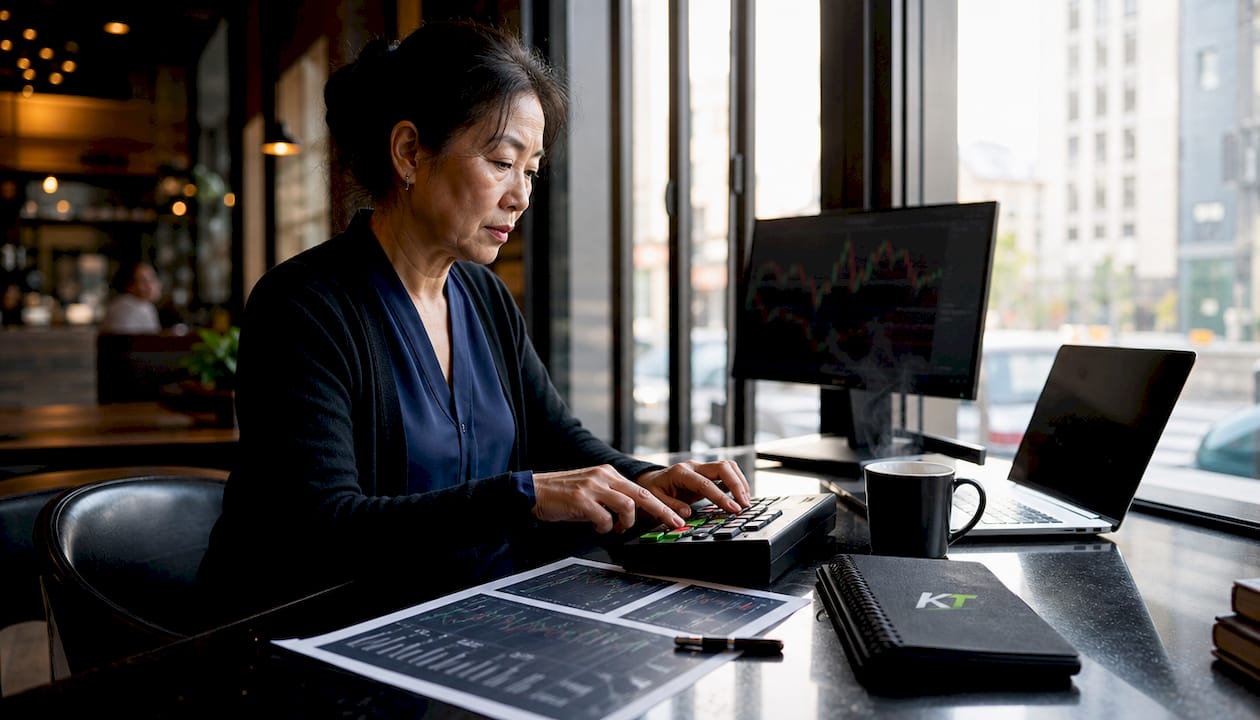 Hands adjusting trading keypad in home office