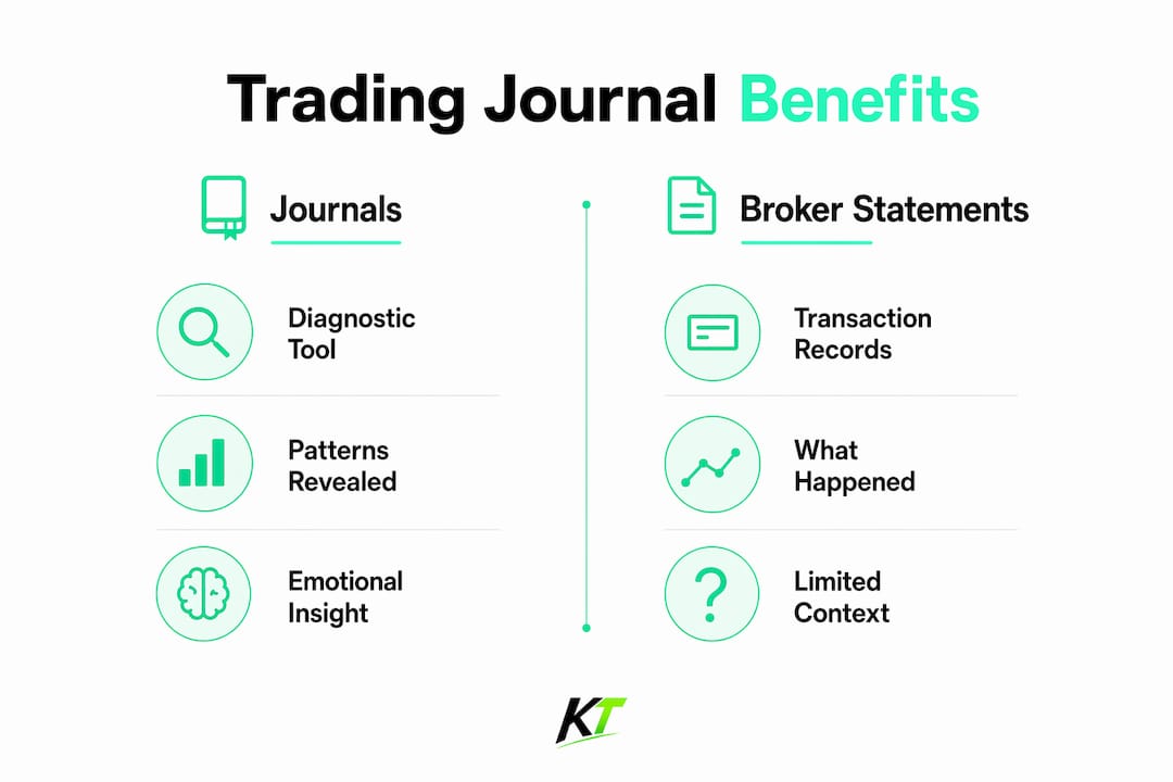 Infographic contrasting journal benefits with broker statements