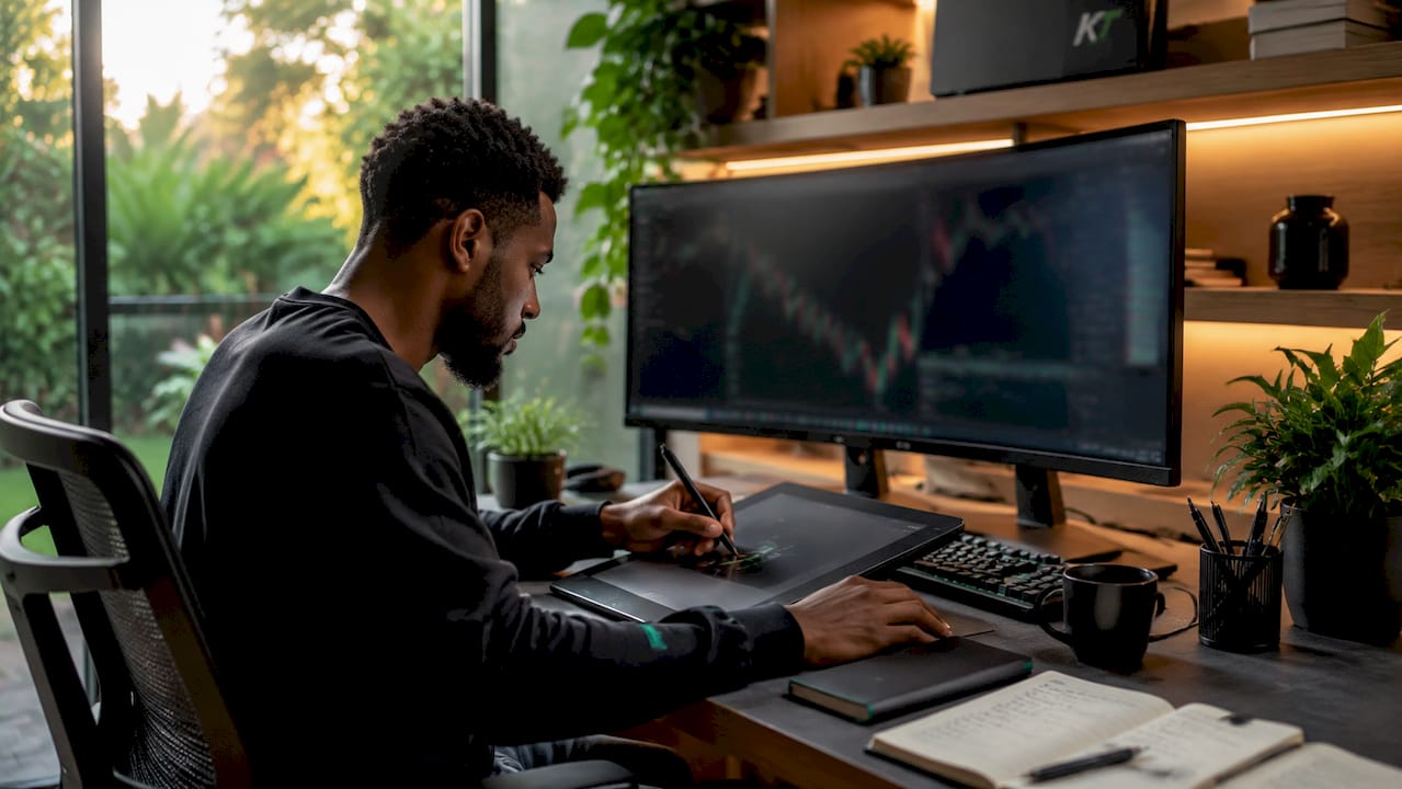 Hands drawing trading charts with stylus