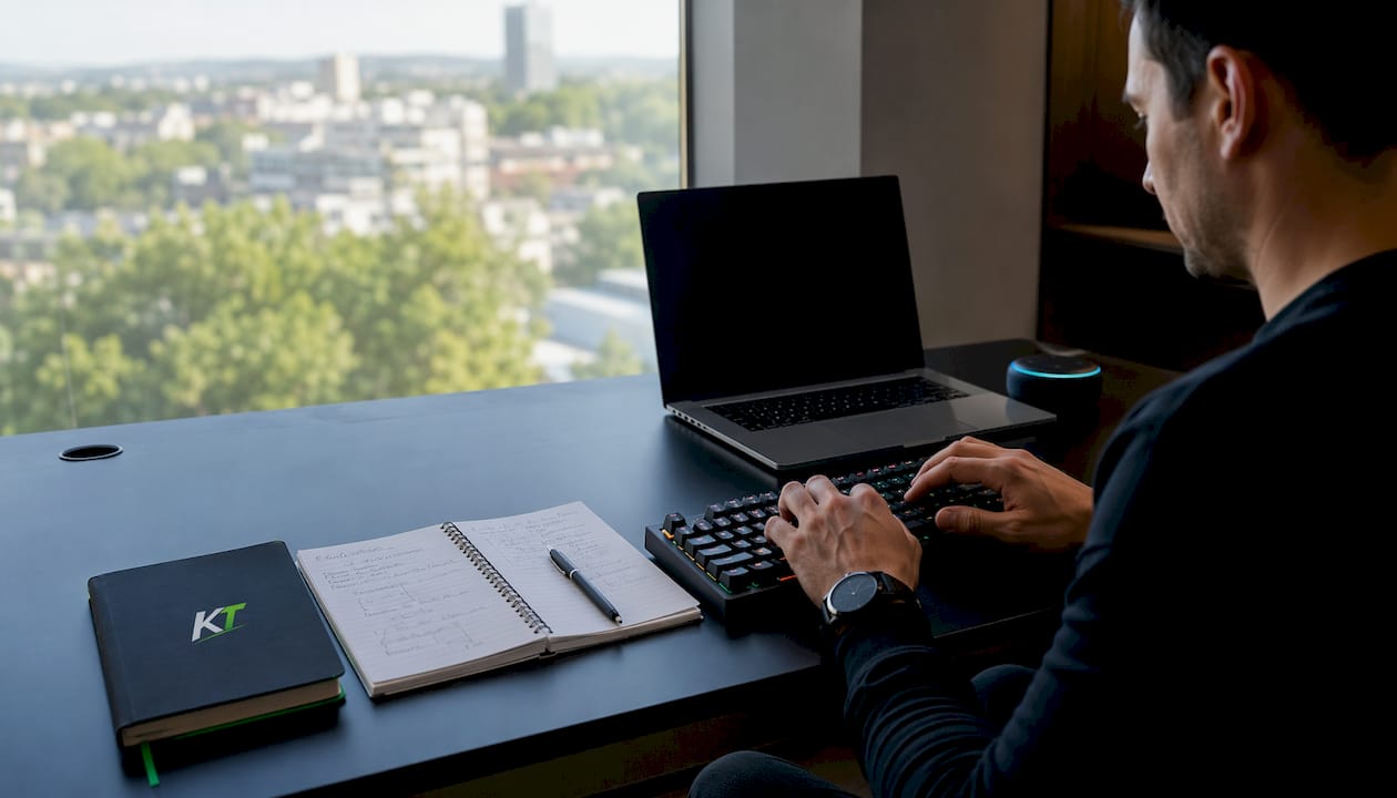 Trader hands over keyboard with trading charts close-up