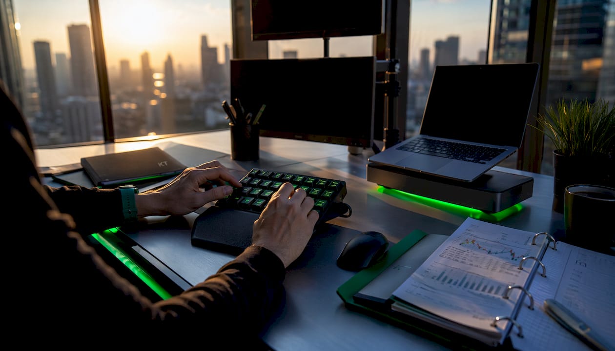Close-up hands on trading hardware keypad shortcuts