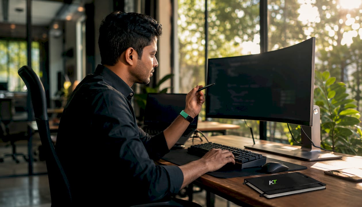 Trader using software panel at startup desk