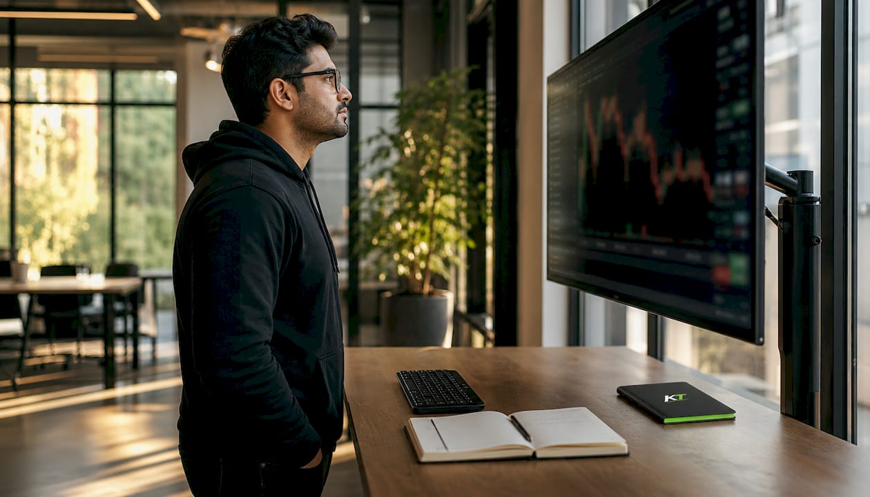 Trader managing orders on touchscreen monitor