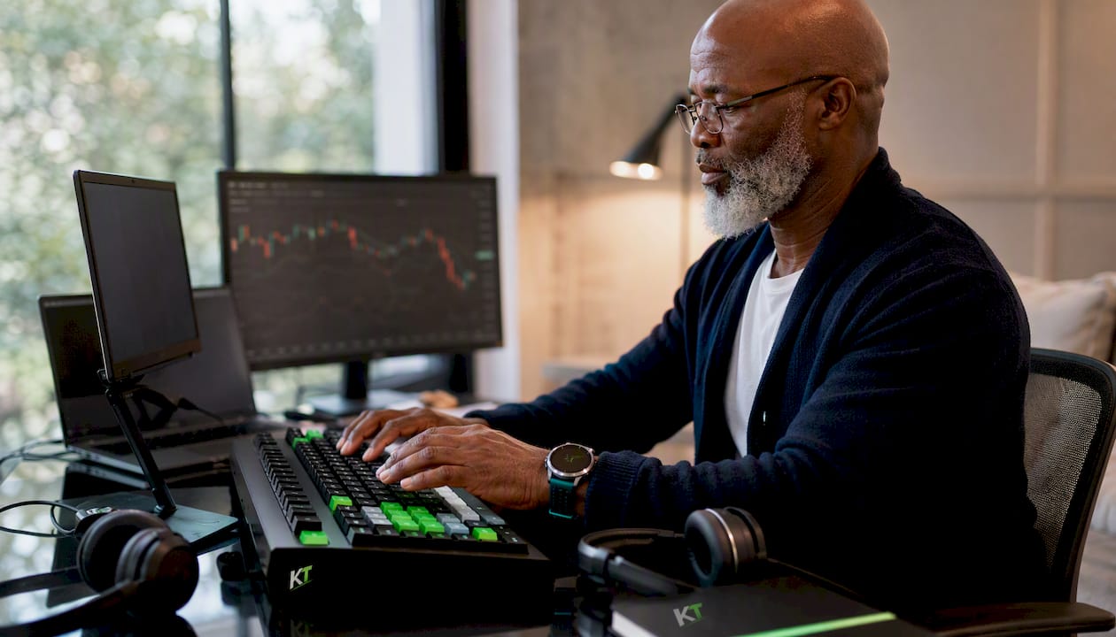 Trader typing on Key-Trade professional keyboard