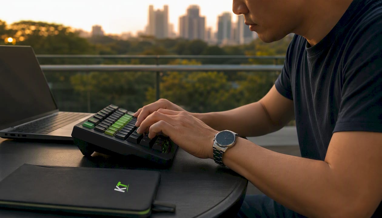 Close-up of trader's hands on Key-Trade keypad