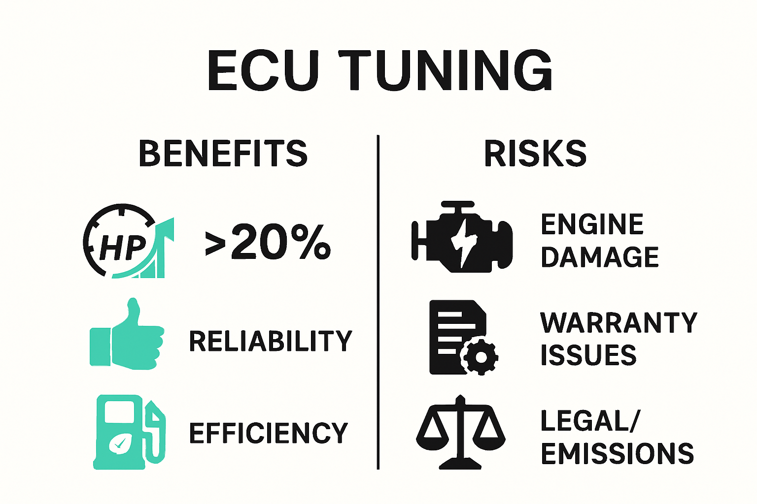 Visual comparison of ECU tuning benefits and risks