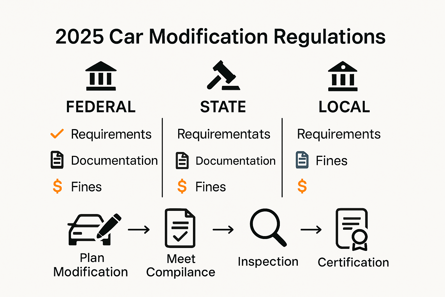 Infographic showing federal, state, and local car modification rules comparison