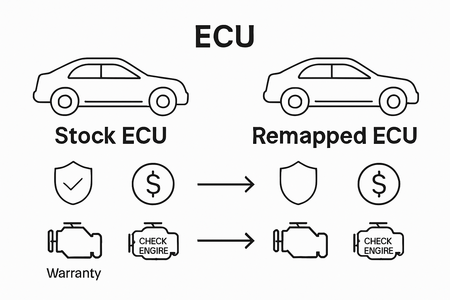 Comparison of stock versus remapped ECU with warranty and insurance icons