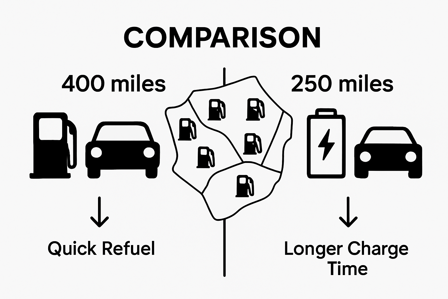Side-by-side comparison of gas car range versus EV range and charging locations