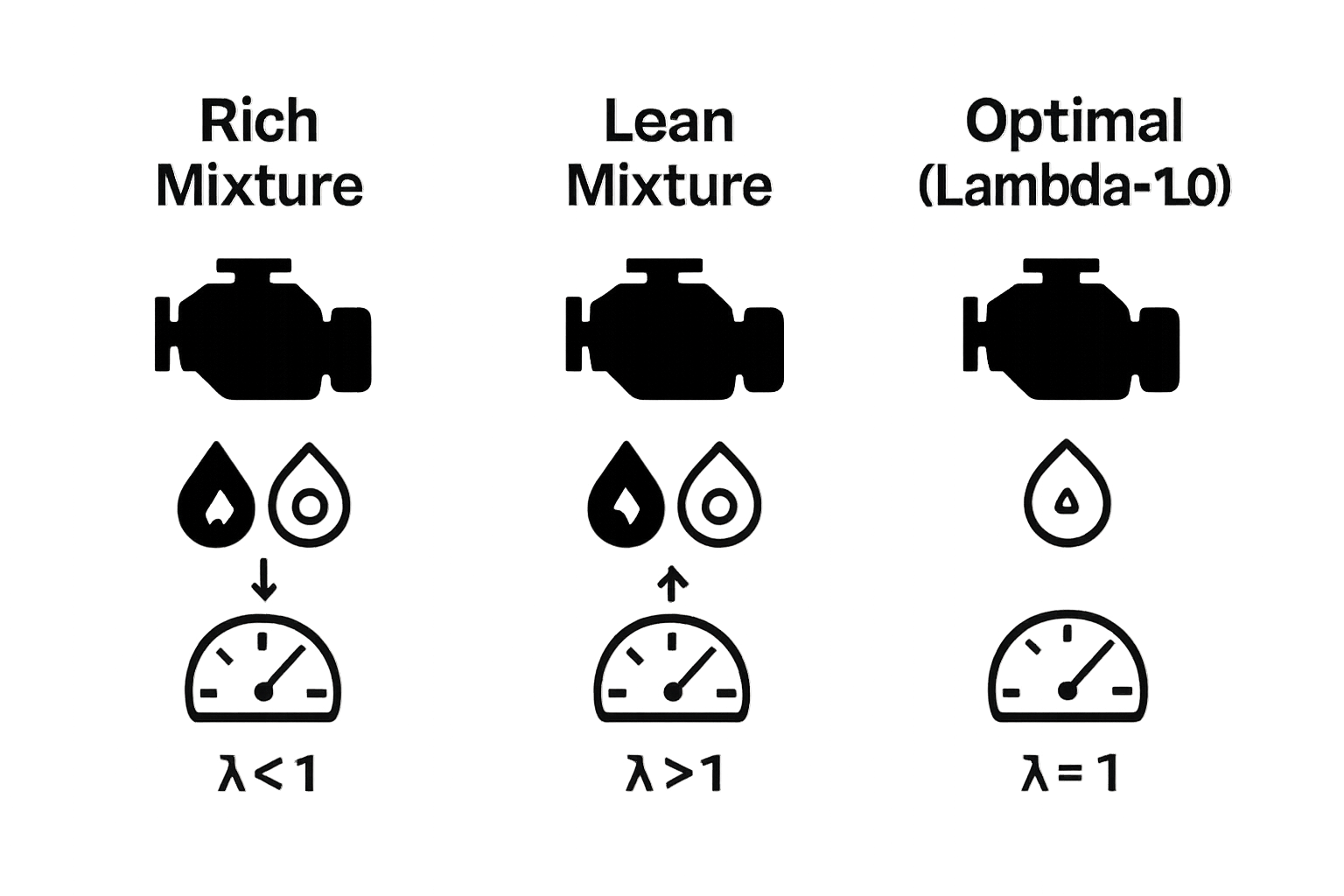 Infographic comparing rich, lean, and optimal lambda mixtures with simple car engine icons and gauge visuals.