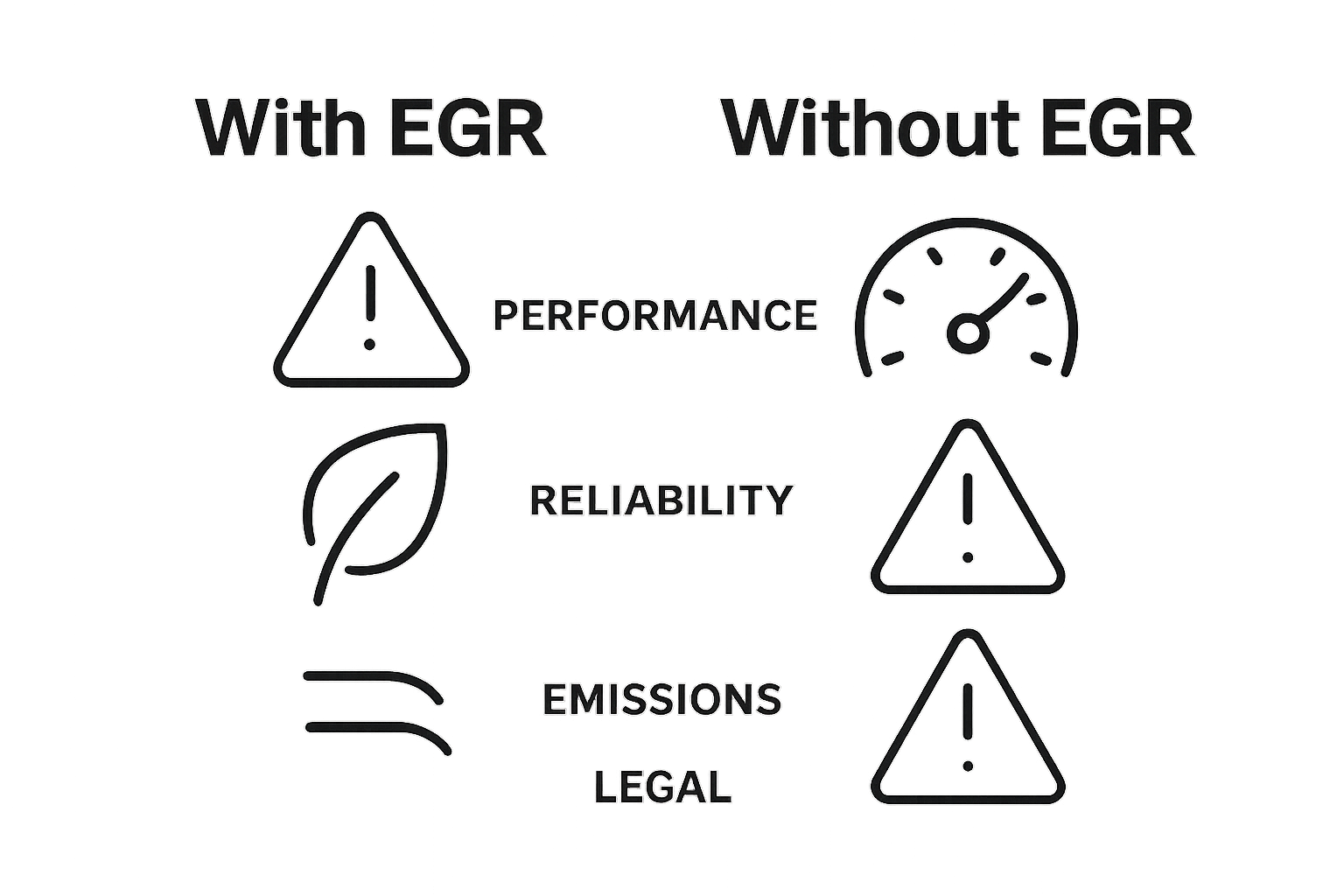 Visual side-by-side comparison of EGR system with and without delete showing pros and cons as icons