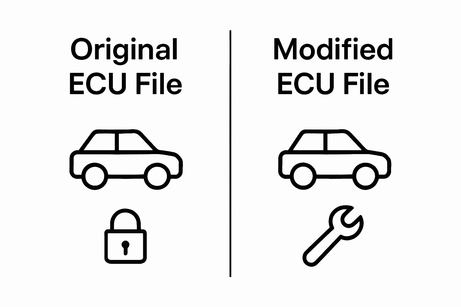 Infographic comparing original and modified BMW ECU files using icons