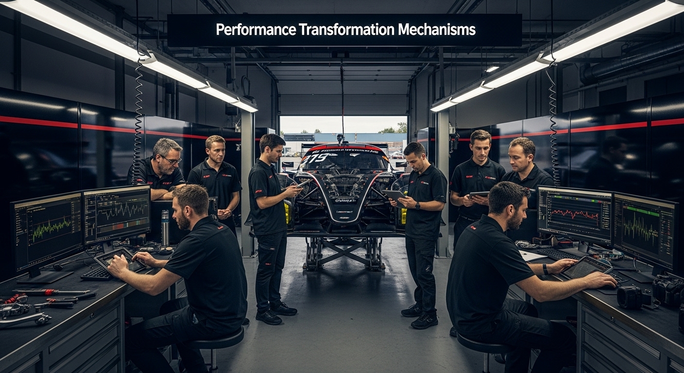 Performance tuning team analyzing motorsport vehicle data in workshop using diagnostic software, computational modeling and ECU modifications for advanced vehicle performance optimization