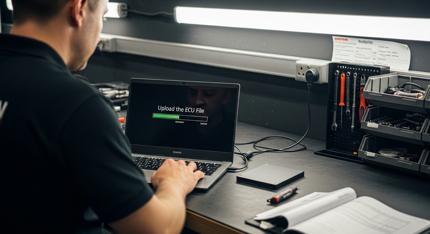 Technician uploading ECU file on laptop in workshop environment for car tuning and ECU modifications using professional tuning software to improve vehicle performance
