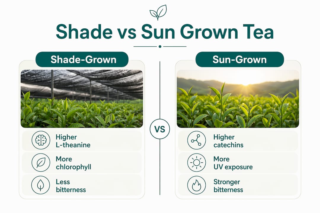 Infographic comparing shade-grown and sun-grown tea benefits