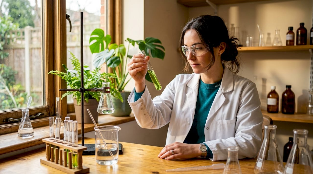 Scientist analyzing shade-grown tea extract in lab
