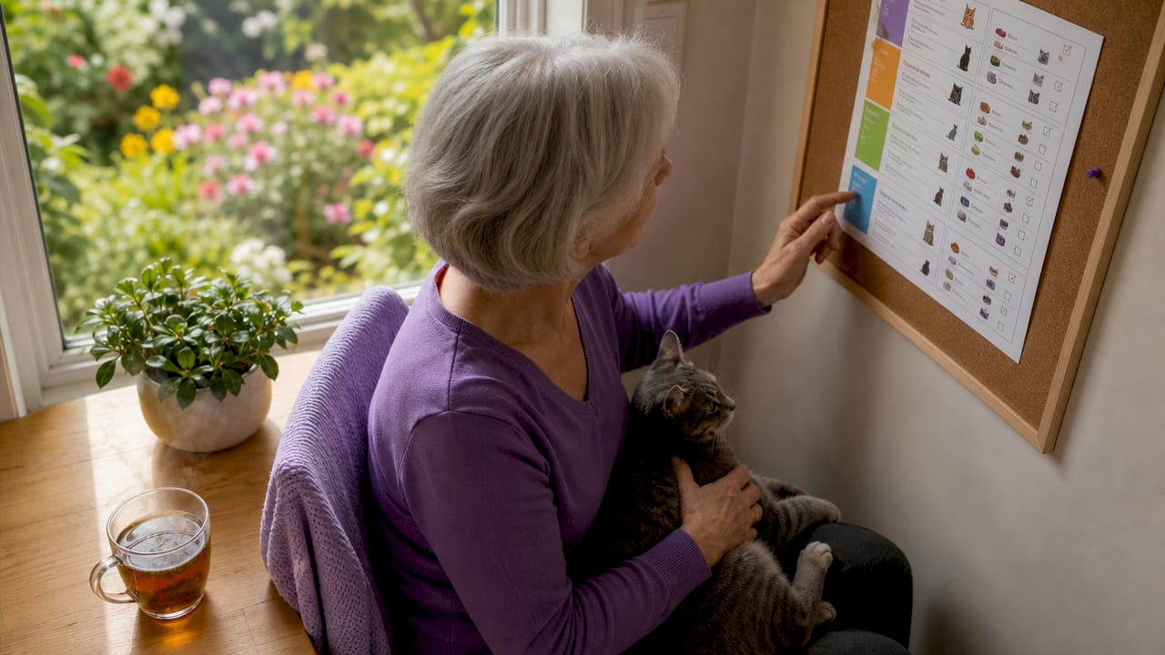 Senior woman holding cat with checklist